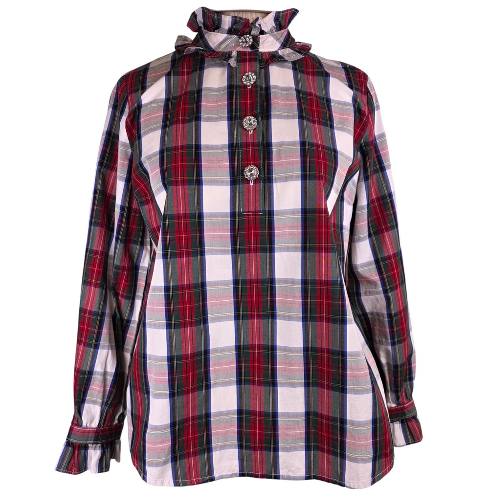 St. Johns Bay Womens Plaid Ruffle Neck Blouse Rhinestone Button Red Green PS NWT